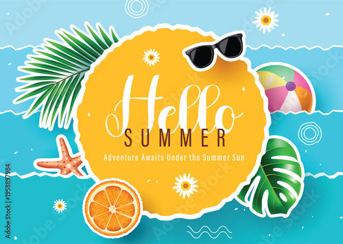 Hello Summer Vacation Background with Beach Elements Sunglasses and Tropical Leaves Vector Illustration
