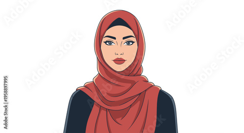 Woman wearing red hijab and black shirt Muslim female portrait