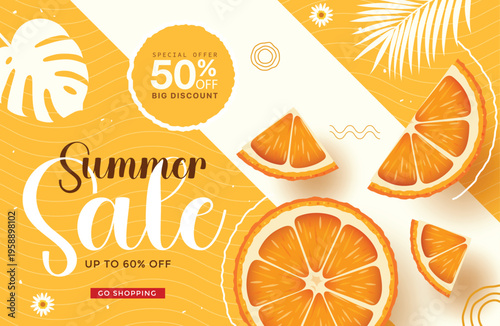 Summer Sale Banner Background with Fresh Orange Slices and Tropical Palm Leaves Vector Illustration