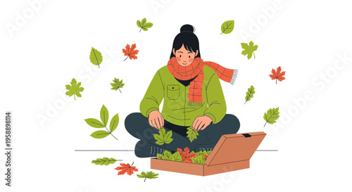 Autumnal Gathering Of Falling Leaves By A Thoughtful Young Woman