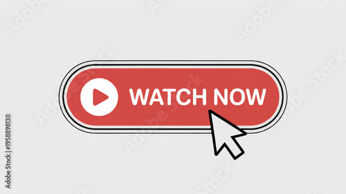 Play button icon with text 'Watch Now' on a red rounded rectangle button, design element for media playback and online content engagement