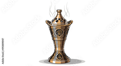 Gold Incense Burner or Bakhoor with Smoke on White Background