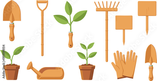 Gardening Tools and Plant Care Illustration Set Featuring Shovel, Rake, Watering Can, Gloves, Plant Markers and Potted Seedlings