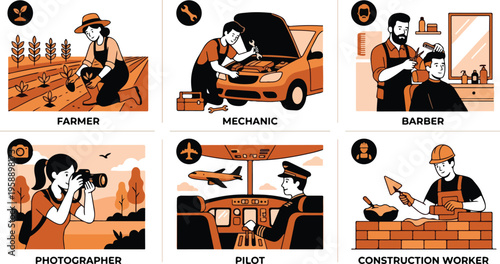 Diverse Professions Illustrated Farmer, Mechanic, Barber, Photographer, Pilot, and Construction Worker in Flat Vector Style