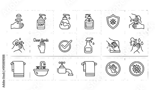 Hand hygiene sanitation thin outline icons vector pixel perfect healthcare collection