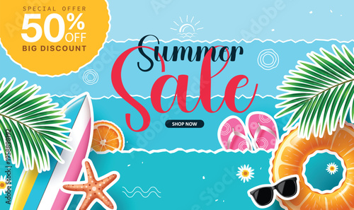 Summer Sale Vector Banner with Surfboard, Inflatable Ring, Palm Leaves and 50 Percent Discount