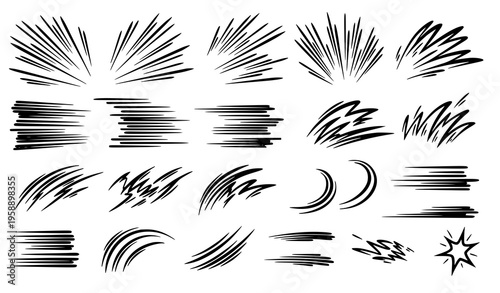 Manga motion effect lines with impact bursts and dynamic strokes vector isolated on white