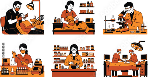 Healthcare And Medical Illustrations Depicting Diverse Professions And Treatments