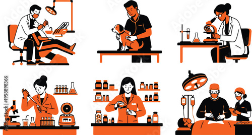 Medical professionals at work in a clinic or hospital, illustrated in a flat, modern style