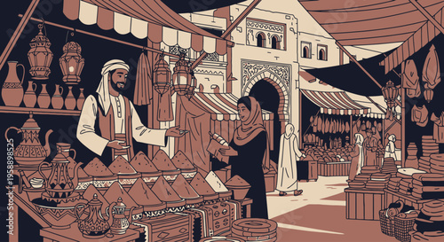 Middle Eastern marketplace scene with traditional vendors