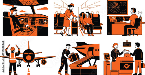 Airport scenes and airline operations illustrated in a modern flat vector style