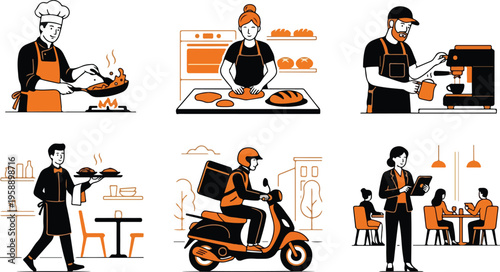 Collection of people working in the food industry, from chefs and bakers to baristas and delivery drivers