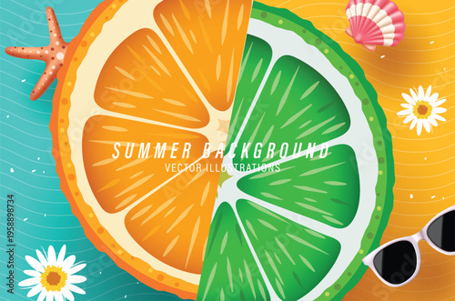 Summer Background Vector with Sliced Orange and Lime, Sunglasses, Starfish and Shell on Sand