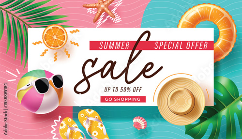 Summer Special Offer Sale Vector Banner With Summer Hat Beach Ball Inflatable Ring And Tropical Leaves