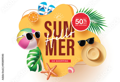Hello Summer Sale Vector Banner With Summer Hat Beach Ball Sunglasses Flip Flops And Tropical Leaves