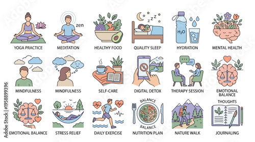 Digital illustration of meditation practices.