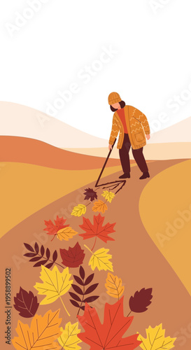 Autumnal Scene Raking Fallen Leaves On A Scenic Path