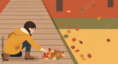 Autumnal Scene With Person Gathering Fallen Leaves On A Wooden Path