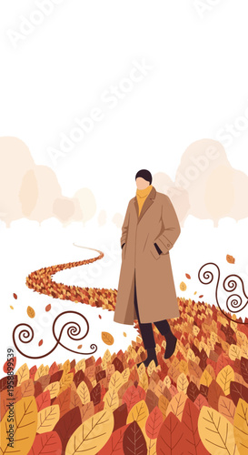 Autumnal Serenity A Solo Figure Wanders Through A Carpet Of Falling Leaves