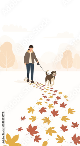 Autumnal Stroll With Loyal Canine Companion Amidst Falling Leaves