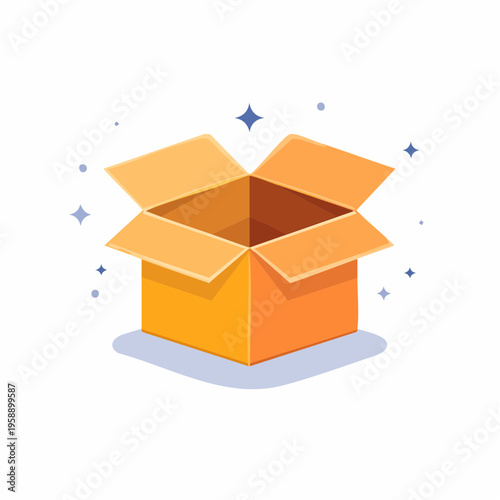 Illustration of an open orange cardboard box with sparkles on a white background, conveying a sense of surprise and excitement.