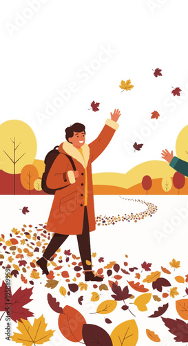 Autumnal Walk And Falling Leaves In A Stylized Landscape Scene