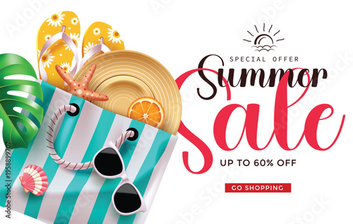 Summer Sale Vector Banner With Shopping Bag Summer Hat Sunglasses Flip Flops And Tropical Leaves