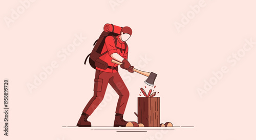 Backpacker Chopping Wood For Survival Or Camping Adventure Illustration