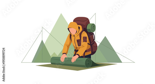 Backpacker Preparing Sleeping Mat Amidst Abstract Mountains