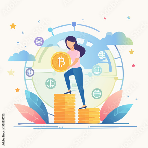 Illustration of a woman standing on stacked coins holding a bitcoin in a whimsical scene with a globe and icons.