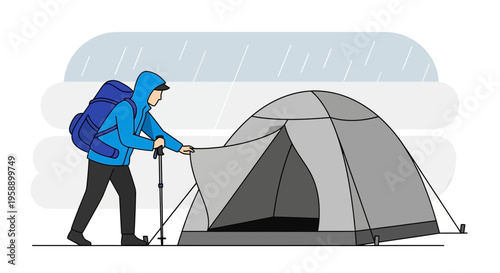 Backpacking Expedition Through Drizzly Weather Setting Up Tent