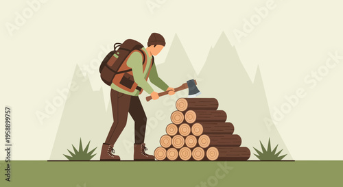 Backpacking Woodsman Chopping Timber in Mountain Wilderness Scene