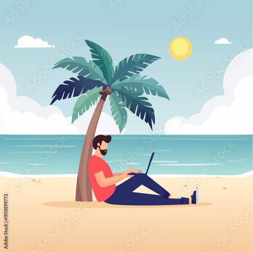 Illustration of a man working on a laptop under a palm tree on a sunny beach with a serene ocean view.