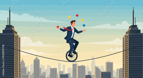 Balancing Act High Above The Cityscape A Businessman Juggles Responsibilities While Riding A