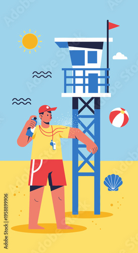 Beach Lifeguard Ready To Ensure Safety With Whistle And Rescue Canister