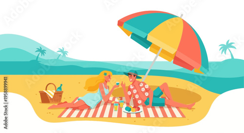Beach Picnic Romance Under Tropical Umbrella