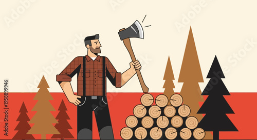 Bearded Lumberjack With Axe And Woodpile In Forest