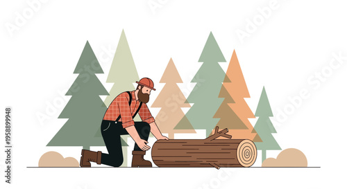 Bearded Lumberjack Preparing To Chop Large Tree Log In Forest Setting Minimalist Style