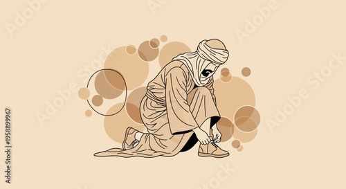 Bedouin Figure Tying Sneakers Mid-Desert Scene