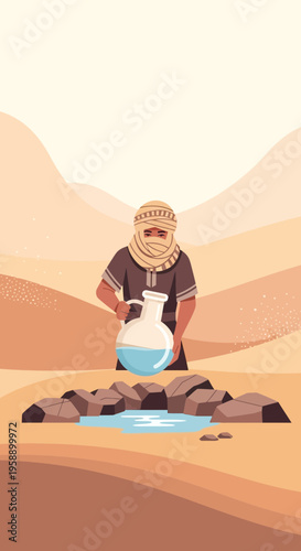 Bedouin Man Generously Offers Precious Water from Jug in Arid Desert Landscape