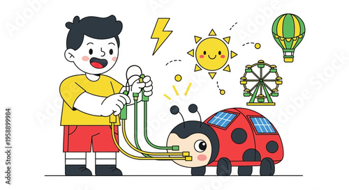 Boy Connects Energy Cables To Ladybug Toy With Solar Panels