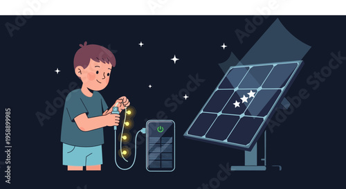 Boy Connects Lights To Solar Power Device Under Starry Night Sky