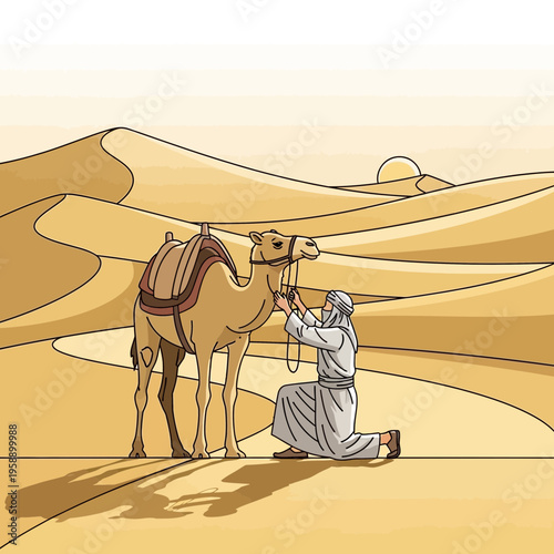 Bedouin Man Tending Camel In Vast Desert Landscape