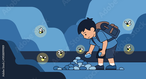 Boy Collecting Fireflies At Dusk With Backpack
