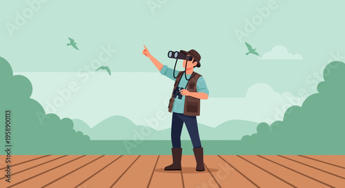 Bird Watching Enthusiast Observing Avian Life Through Binoculars Outdoor Scenic View