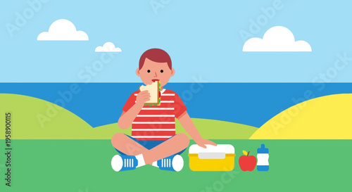 Boy Enjoying A Picnic Lunch Outdoors By The Ocean Scenic View