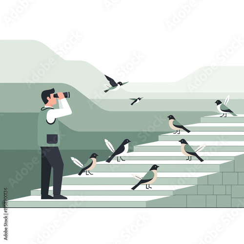 Birdwatching Adventure With Binoculars On Stairs