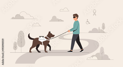 Blind Person Guided By Assistance Dog Walking Outdoors