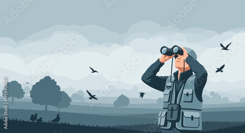 Birdwatching In A Serene Landscape Observing Nature With Binoculars