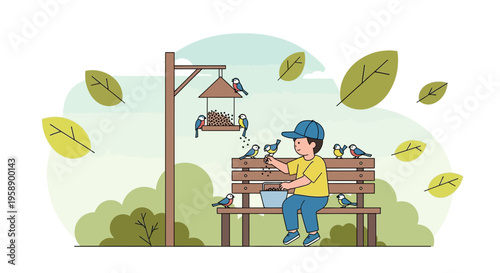 Boy Feeding Birds Sitting On Park Bench In A Peaceful Outdoor Scene